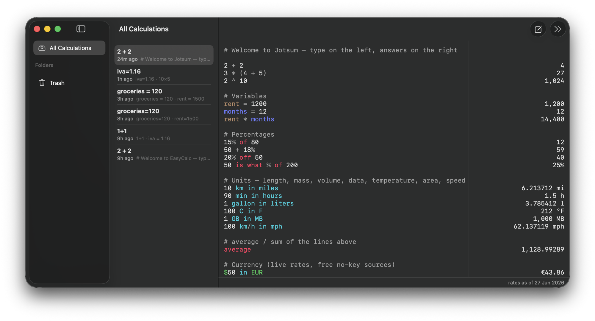 Jotsum on macOS — a notepad with live calculations: variables, percentages, unit and currency conversions, all with answers down the right side.